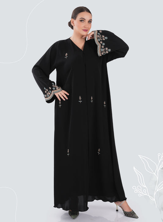 Traditional Style Abaya with Bead Embellishments on Sleeves & Front | Bsi4168