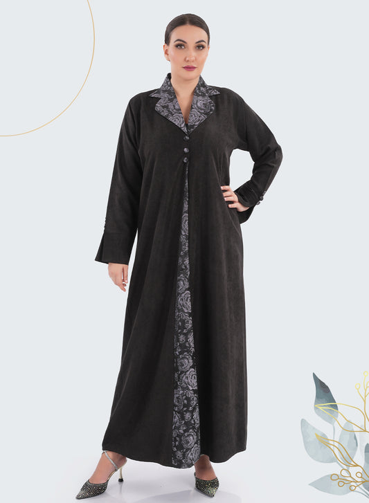Modern Floral Print Coat-Collar Black Abaya with Button Embellishments| Bsi4182