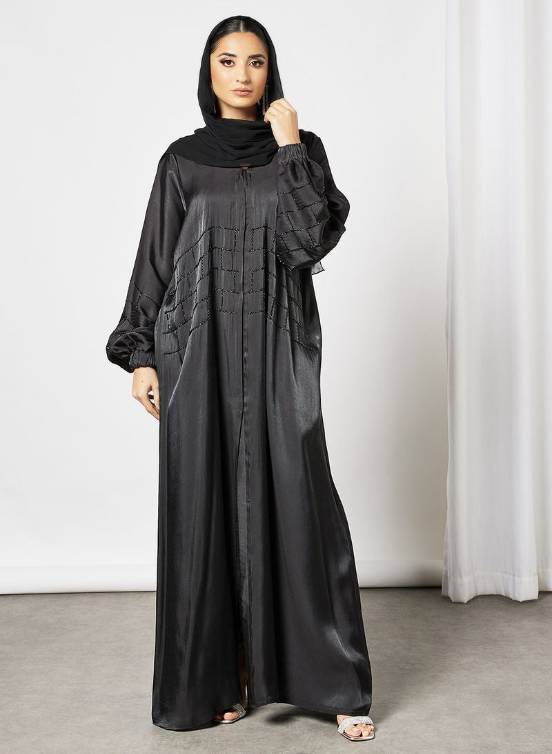 Bsi3595-Black satin beads embellished abaya with stylish sleeves