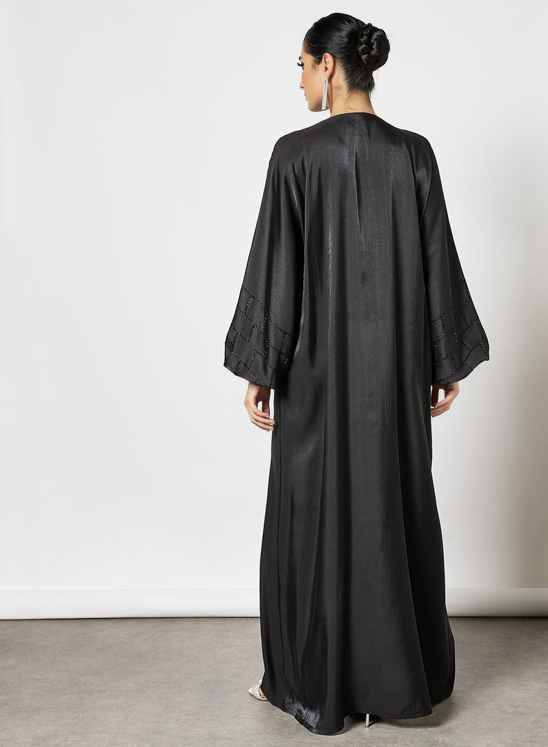 Bsi3595-Black satin beads embellished abaya with stylish sleeves