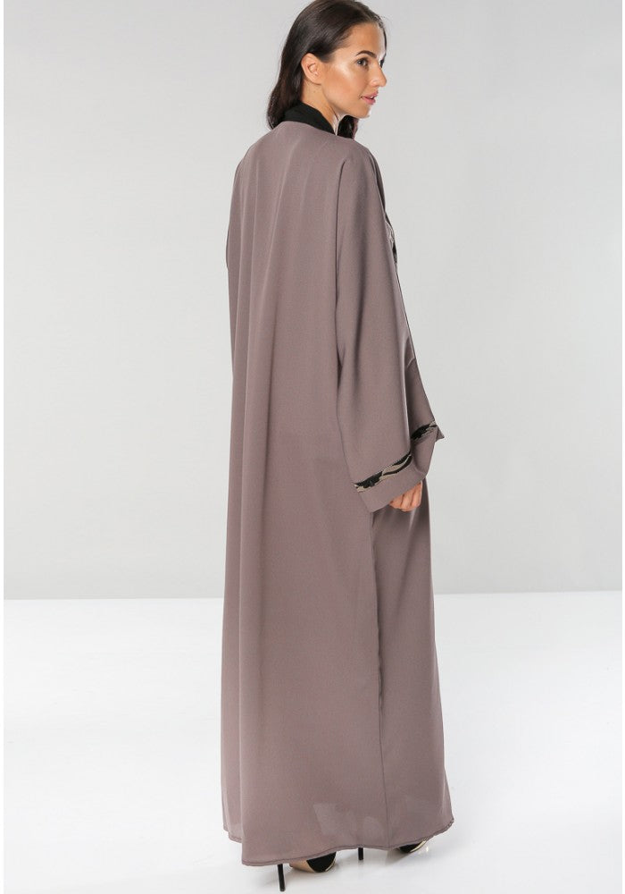 taupe Front Open Embroidered Abaya