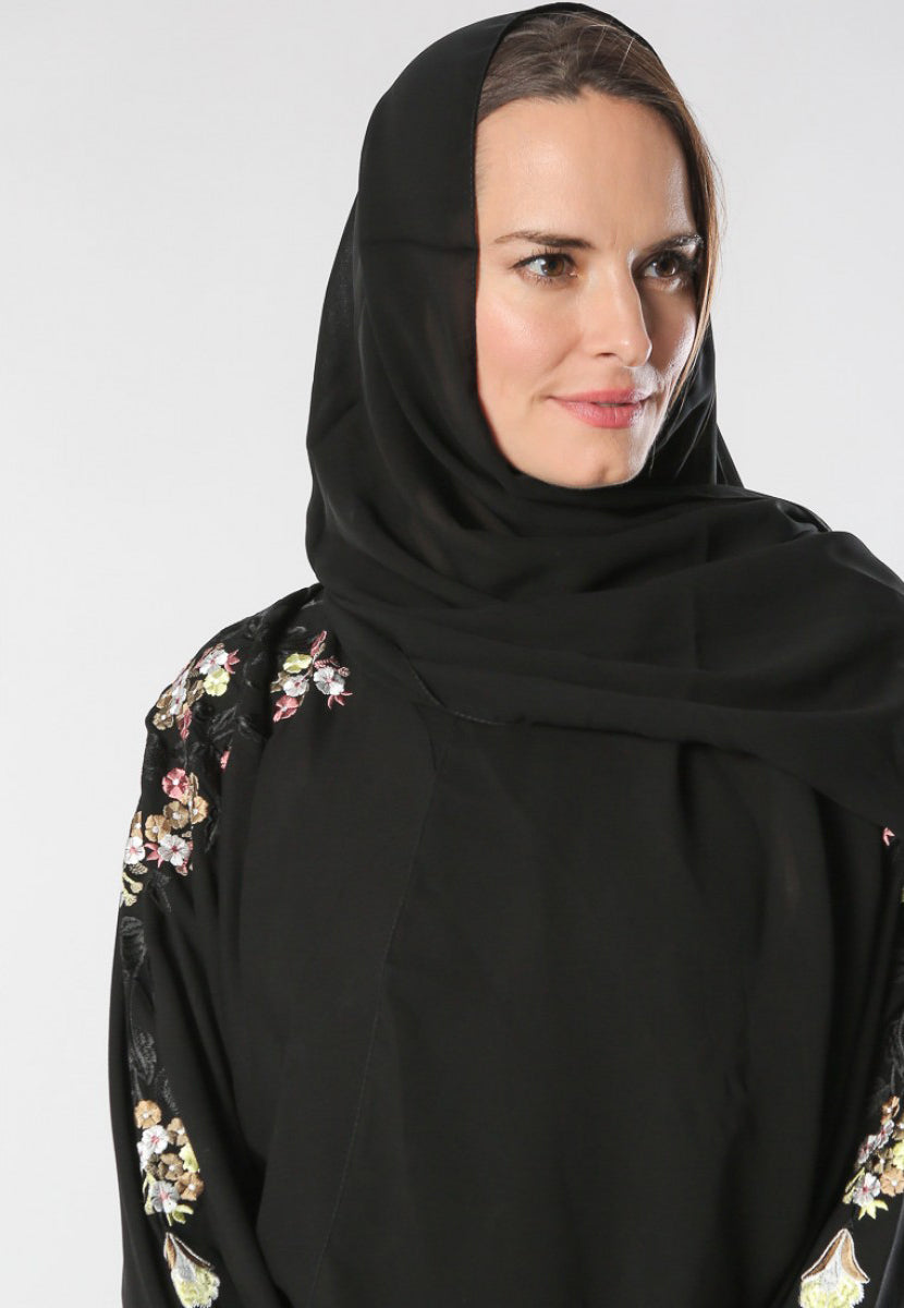 Black front open embroidered abaya