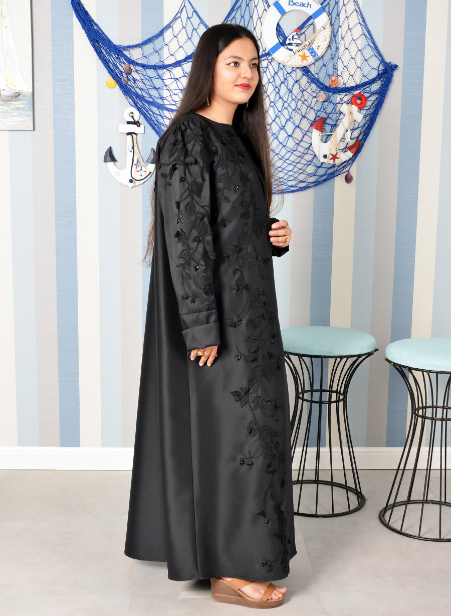 Buy Black Embroidered Applique Floral Abaya with Beads Embellishment ...