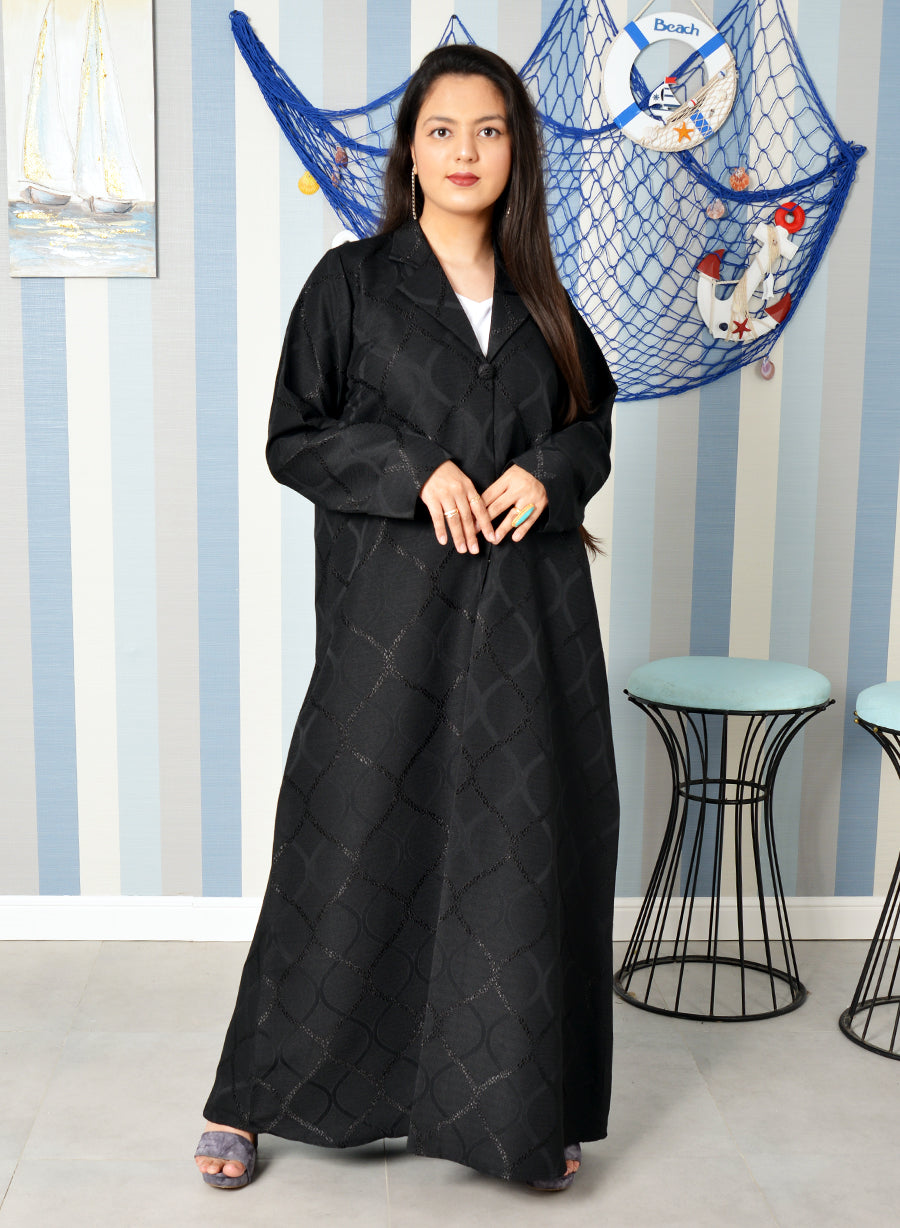 Bsi3889- Coat collar style self printed abaya with foiled