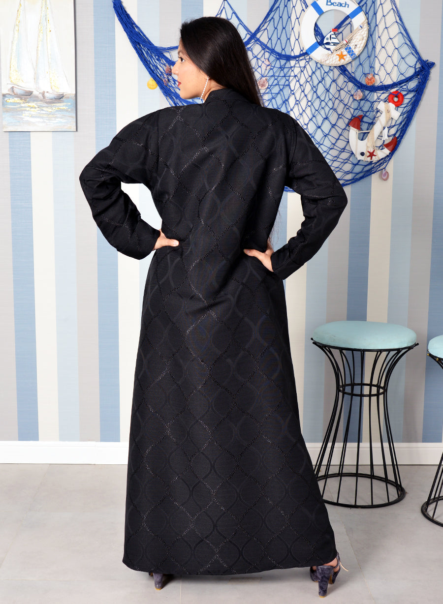 Bsi3889- Coat collar style self printed abaya with foiled
