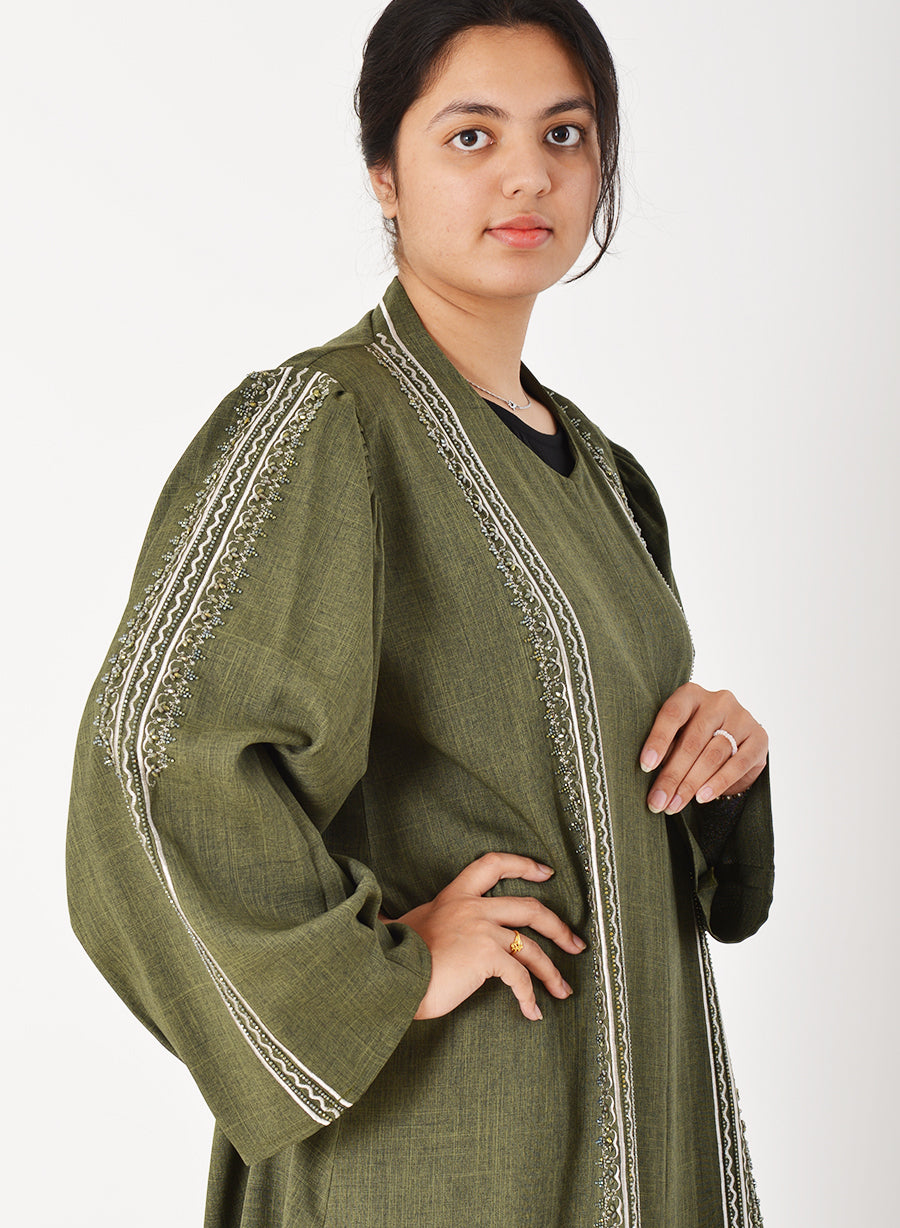 Beads Embellished Embroidered Green Abaya with Shoulder Pleated Sleeves | Bsi3934
