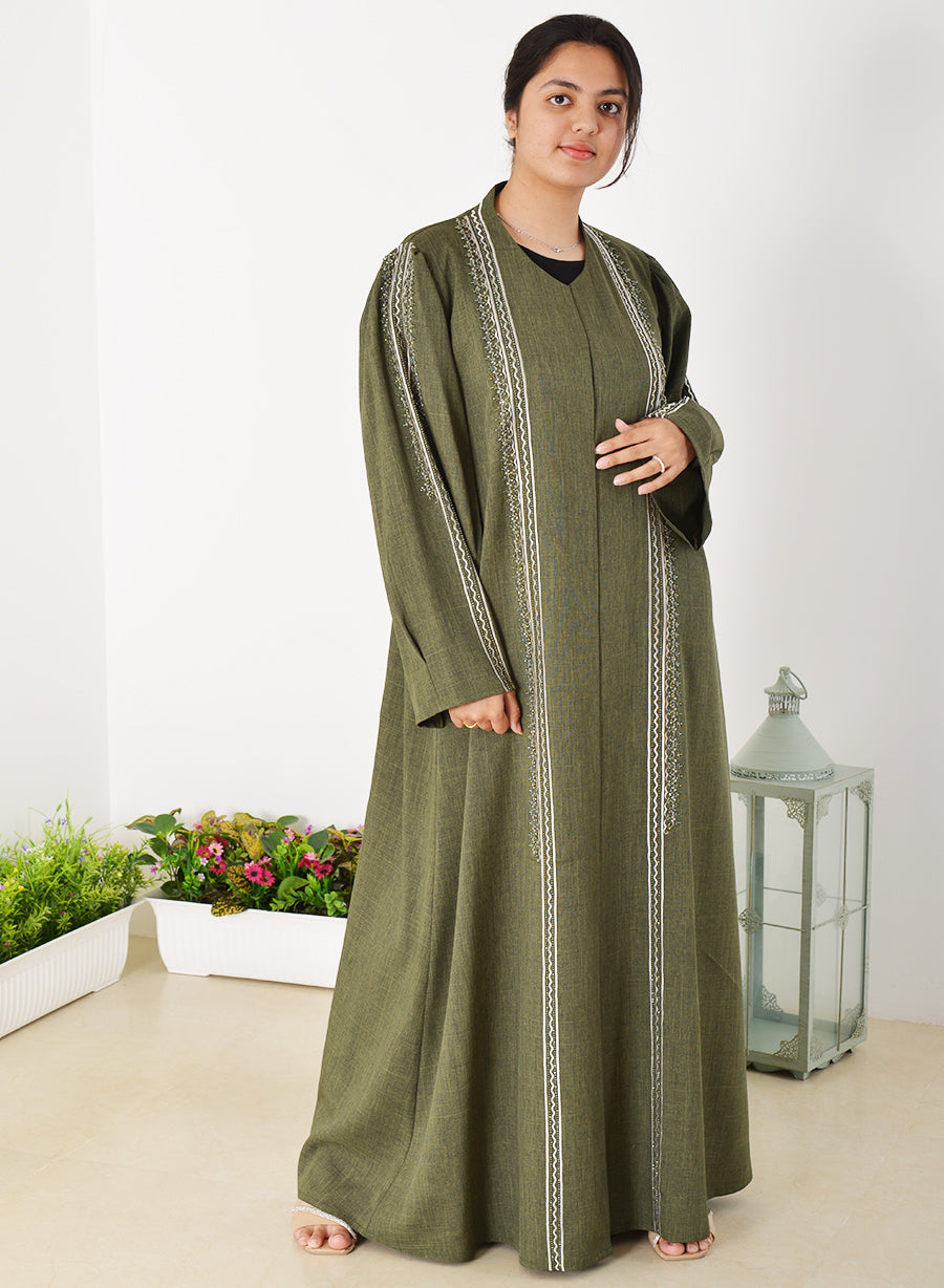 Beads Embellished Embroidered Green Abaya with Shoulder Pleated Sleeves | Bsi3934
