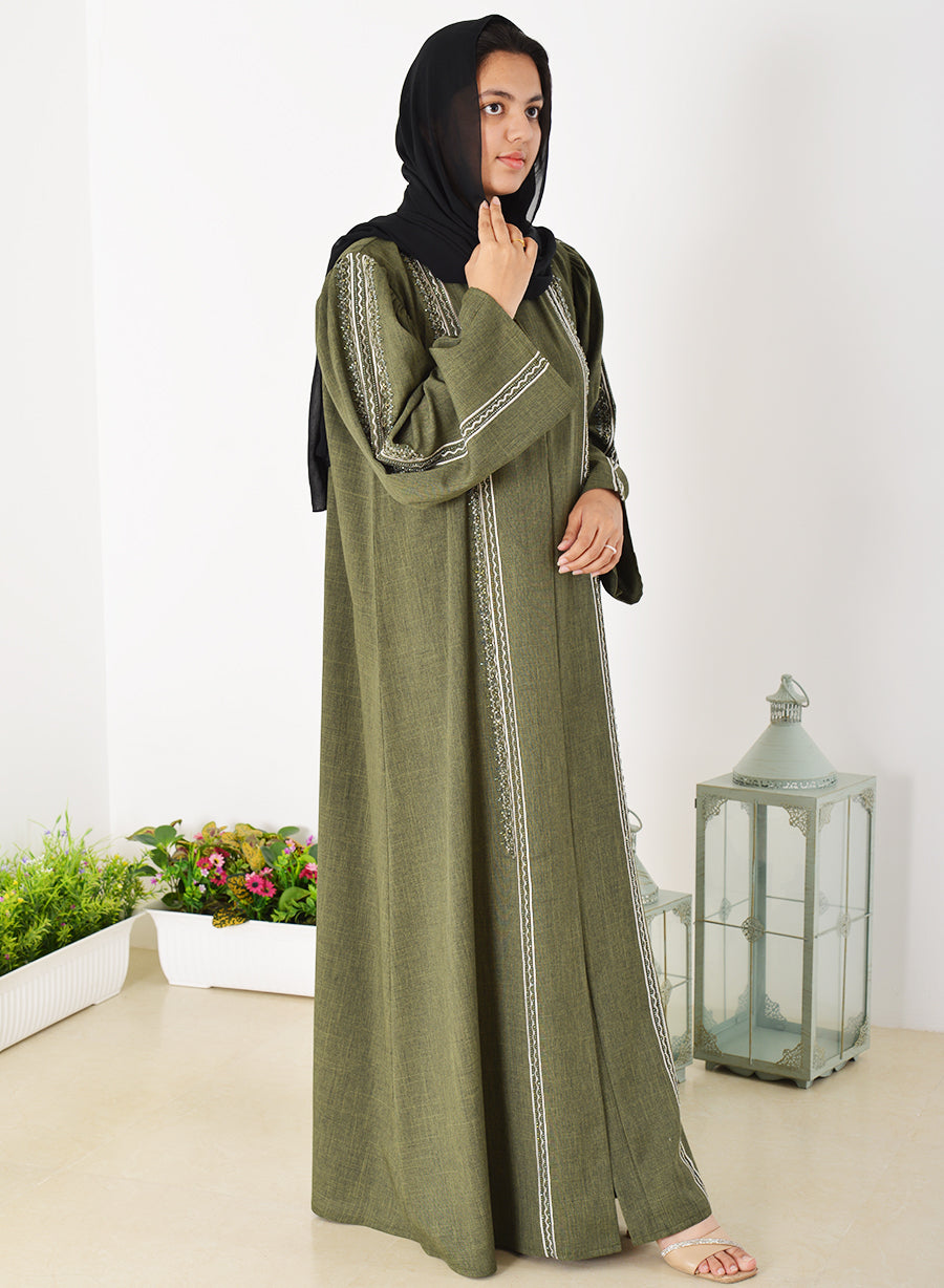 Beads Embellished Embroidered Green Abaya with Shoulder Pleated Sleeves Bsi3934