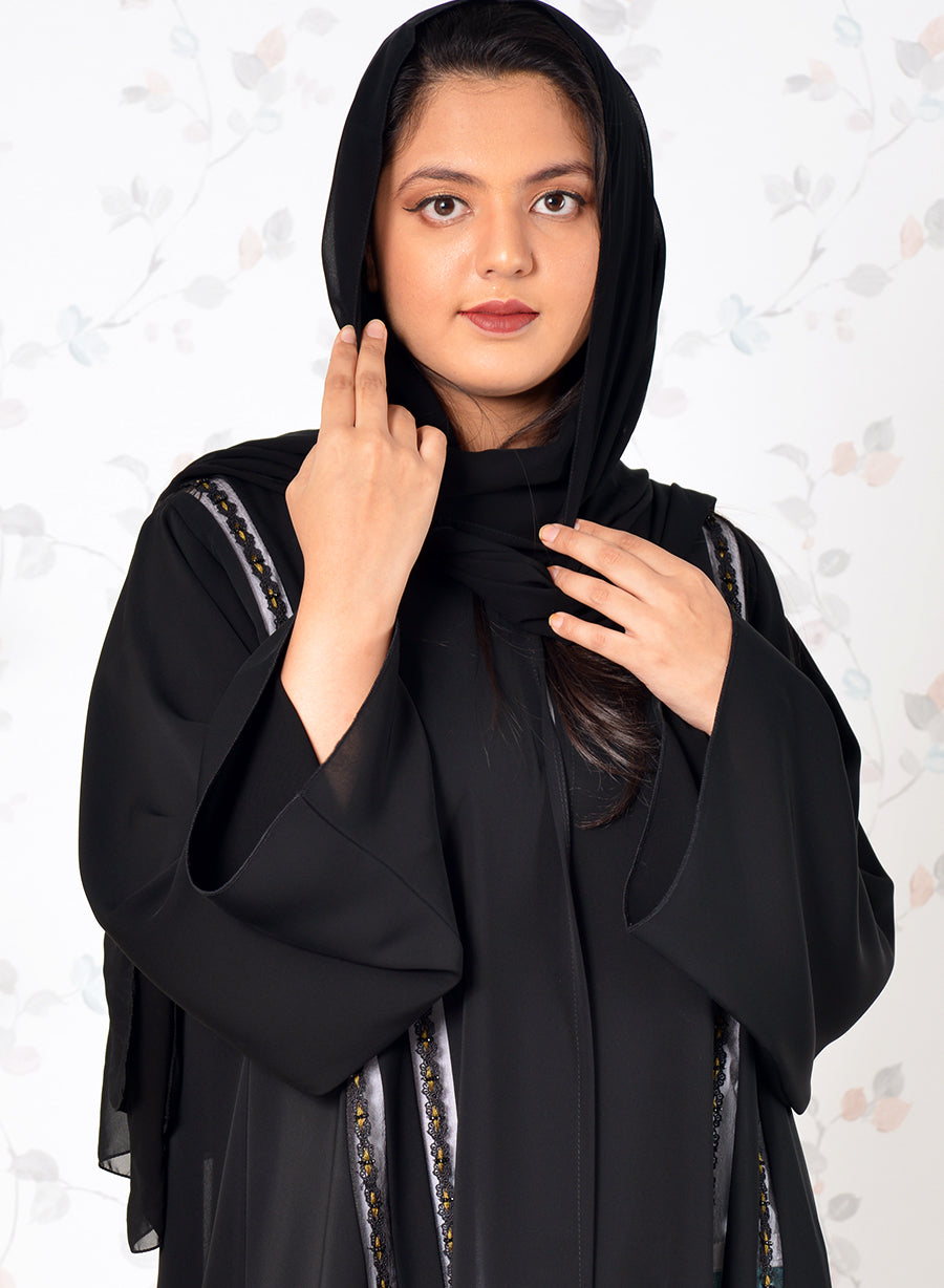 Beads Embellished Black Double Chiffon Abaya | Bsi3925