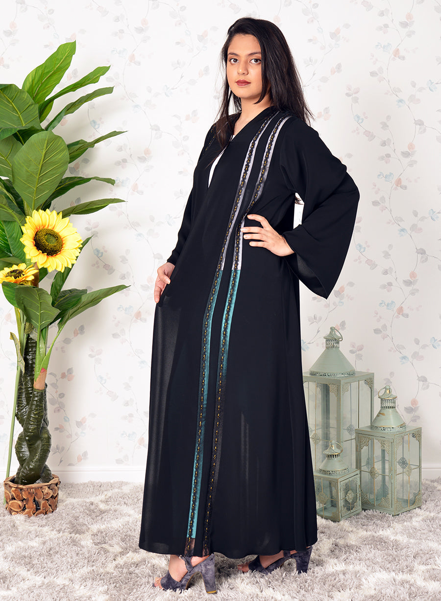 Beads and Lace Embellished Black Chiffon Abaya | Bsi3937