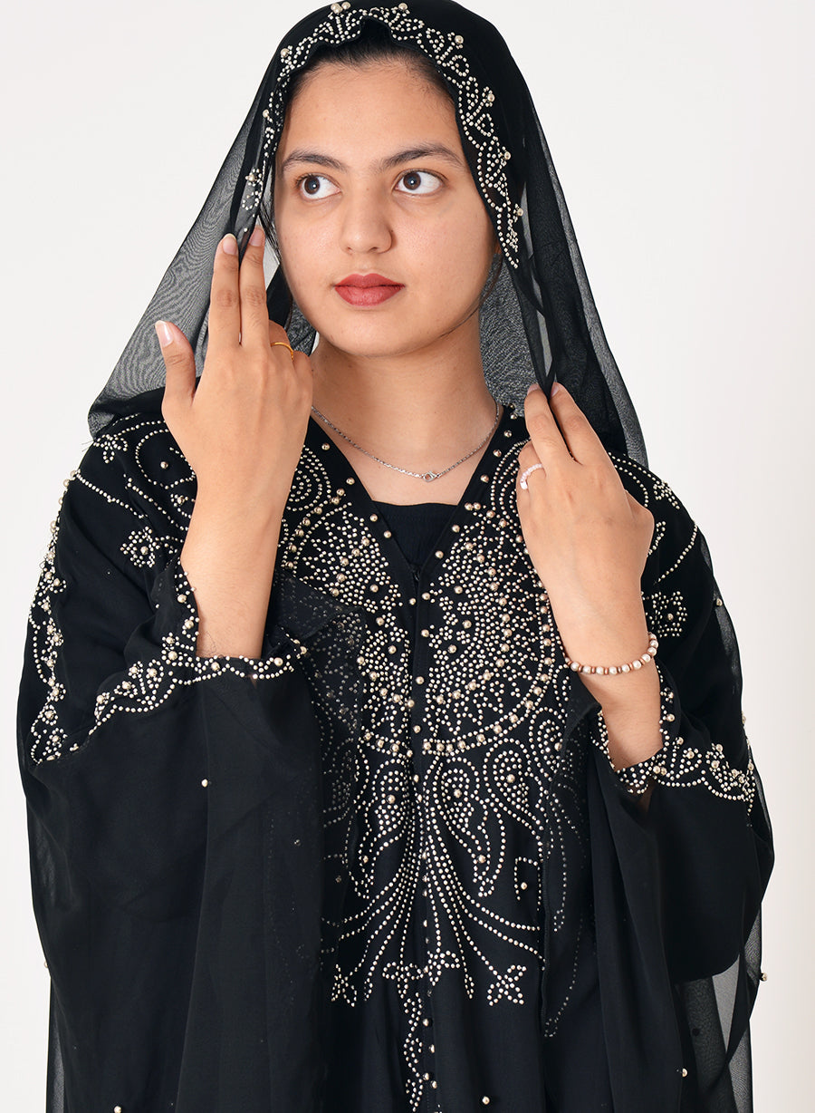 Beads and Stone Embellished Chiffon Abaya with Lining | Bsi3955