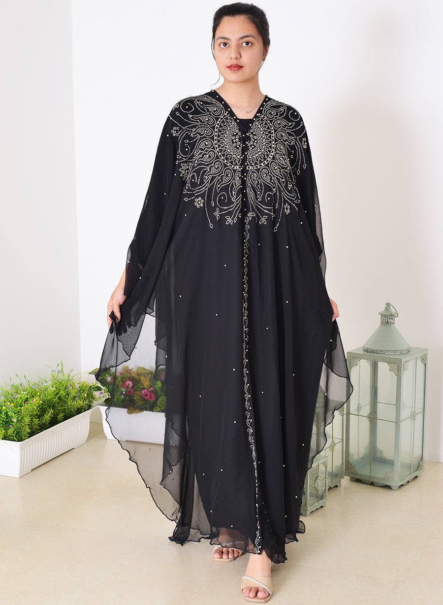 Beads and Stone Embellished Chiffon Abaya with Lining | Bsi3955