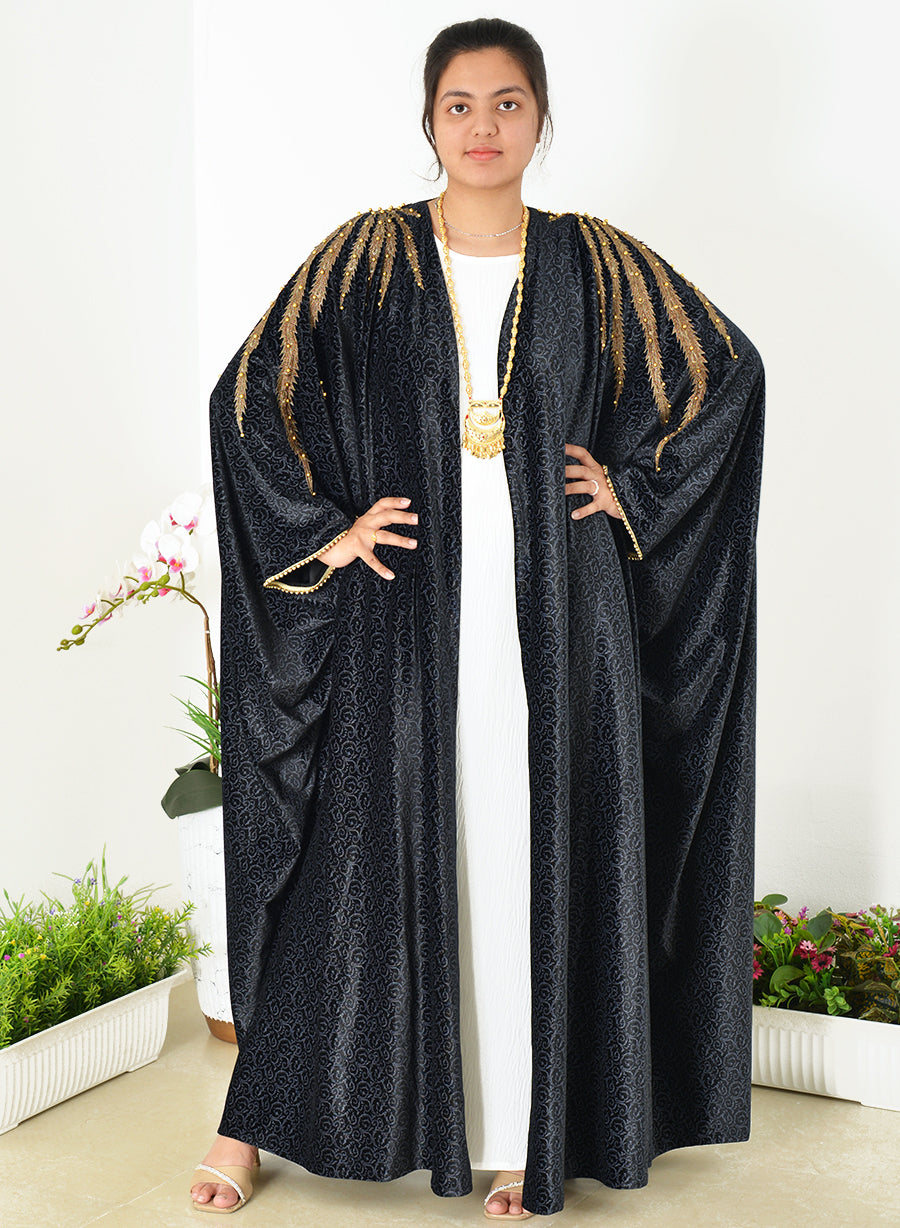 Self Printed Bisht Style Velvet Farasha Abaya With Lace And Pearl Embellished | Bsi3963