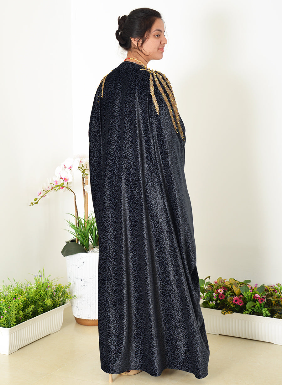 Self Printed Bisht Style Velvet Farasha Abaya With Lace And Pearl Embellished | Bsi3963