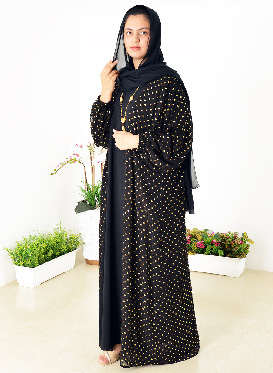 Embossed Gold Foiled Pattern Elastic Sleeves Abaya with Inner | Bsi3977