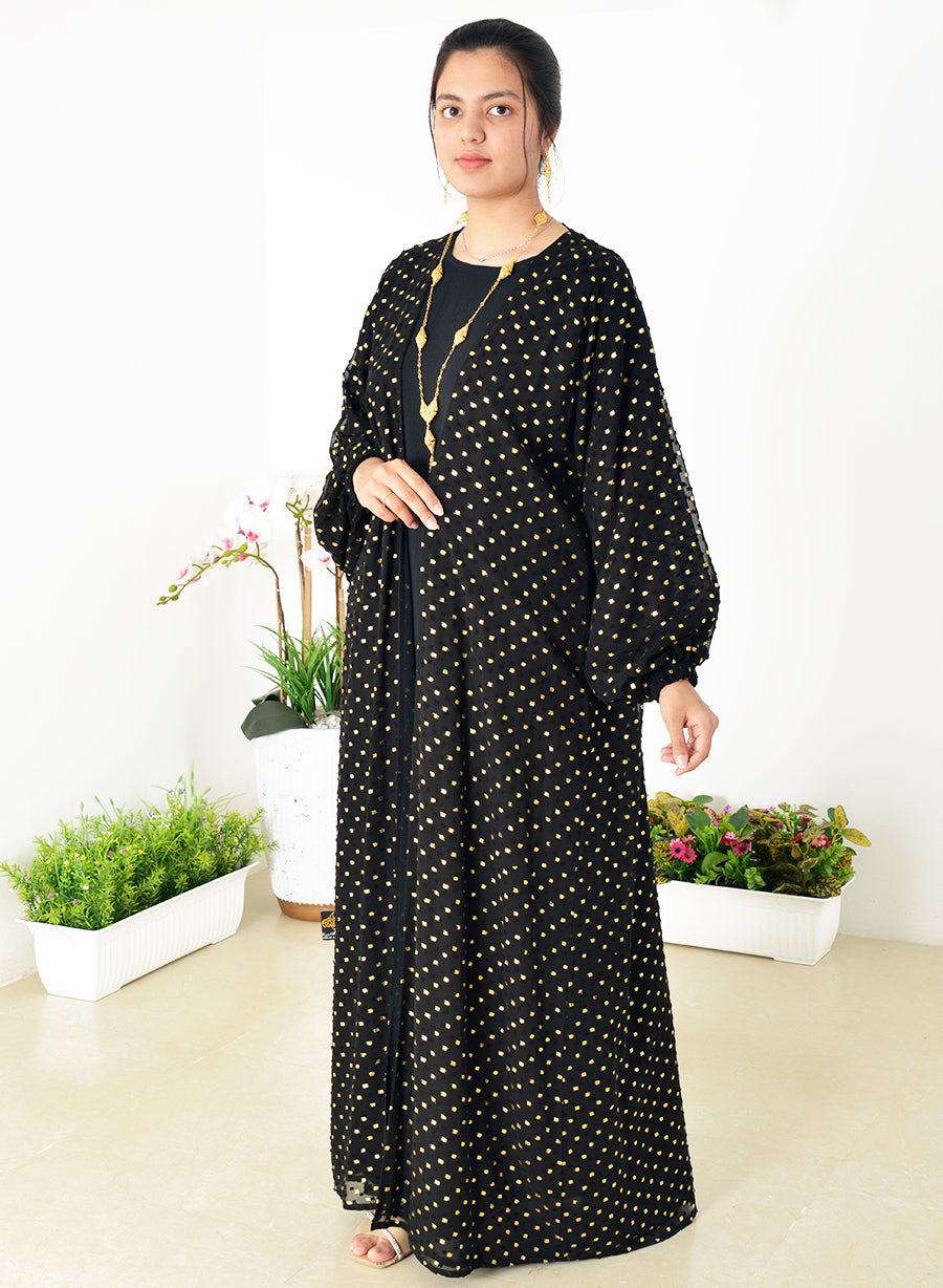Embossed Gold Foiled Pattern Elastic Sleeves Abaya with Inner | Bsi3977