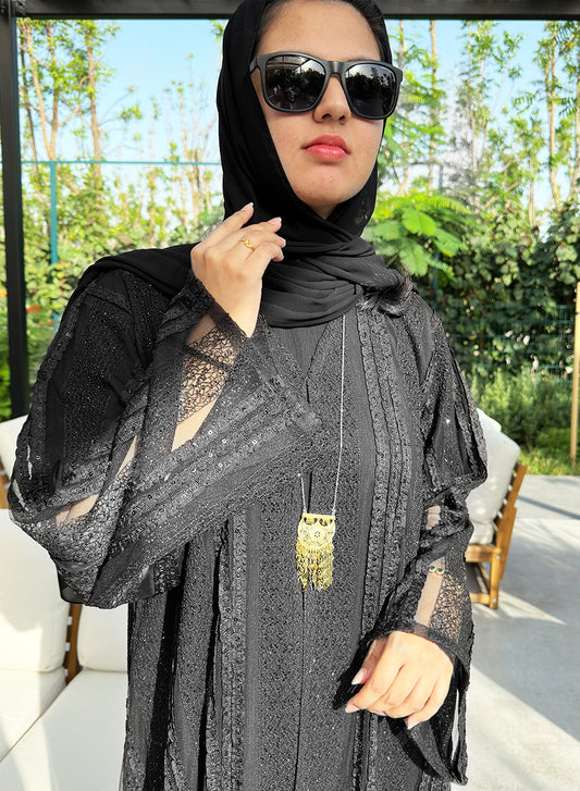 Black Dantil Abaya with Beads and Lace Embellishments | Bsi3979