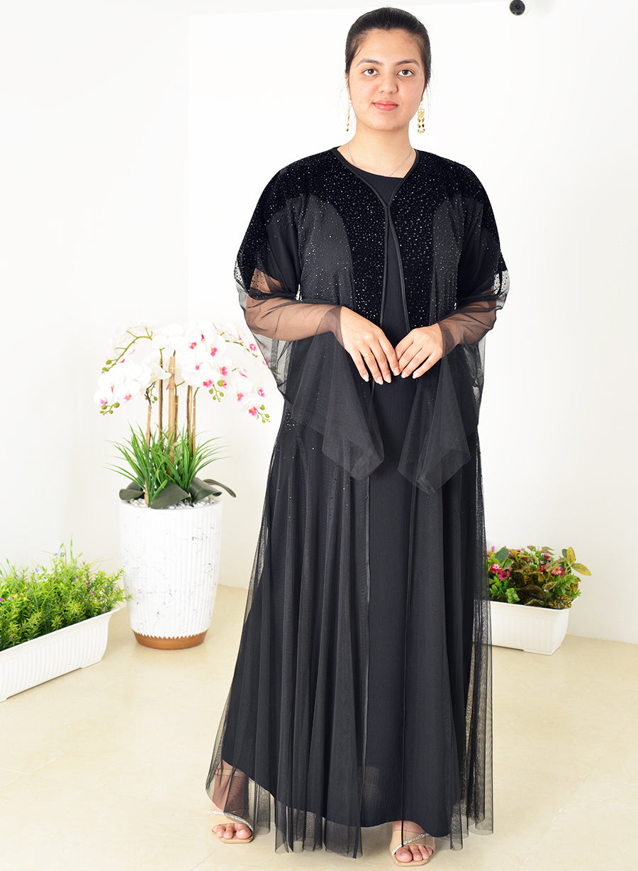 Velvet Applique Work Net Abaya with Piping and Stone Embellishment | Bsi3981