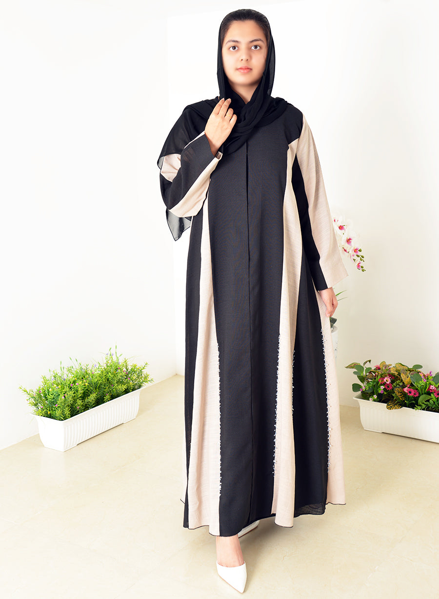 Chic Dual Color Abaya Adorned with Beaded Embellishments for a Stylish Look | Bsi4077