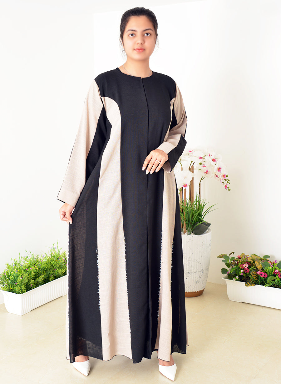 Chic Dual Color Abaya Adorned with Beaded Embellishments for a Stylish Look | Bsi4077
