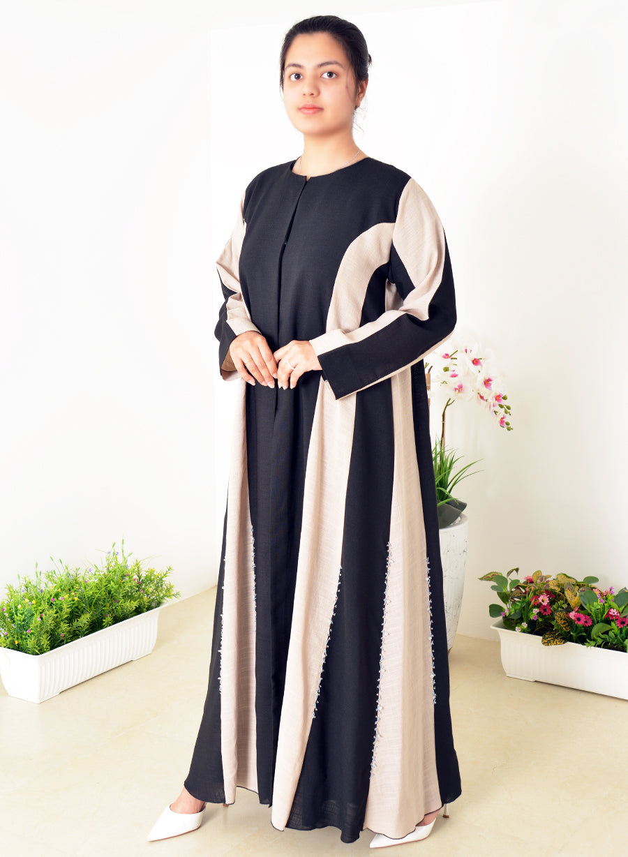 Chic Dual Color Abaya Adorned with Beaded Embellishments for a Stylish Look | Bsi4077