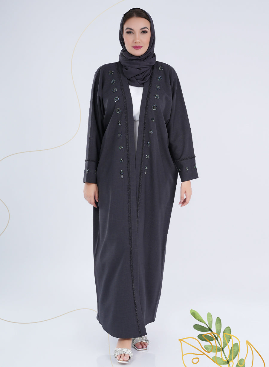Glamorous Cuff Detail Bead Embellished Bisht Abaya with Intricate Thread Work  | Bsi4126
