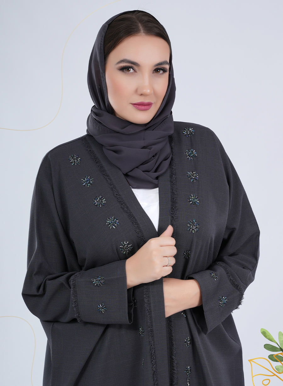 Glamorous Cuff Detail Bead Embellished Bisht Abaya with Intricate Thread Work  | Bsi4126