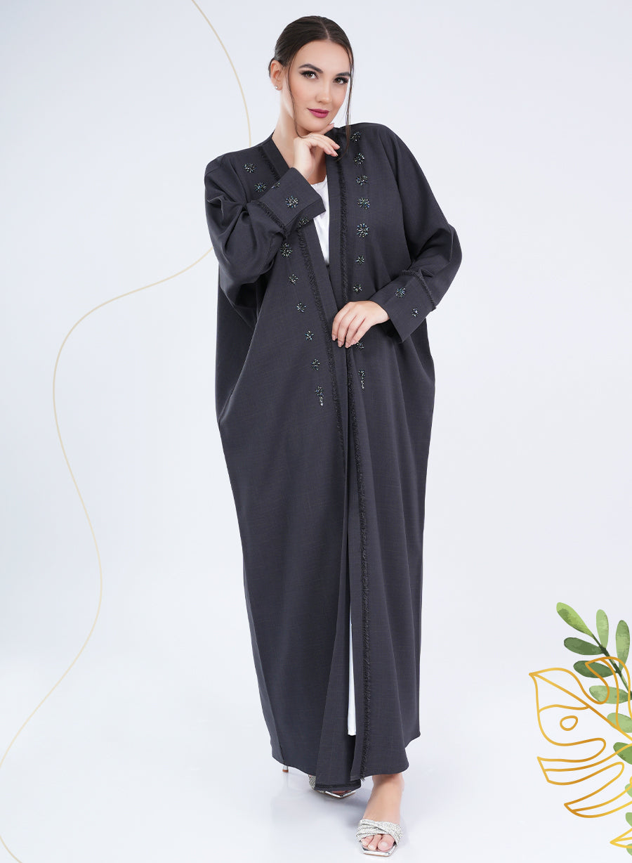 Glamorous Cuff Detail Bead Embellished Bisht Abaya with Intricate Thread Work  | Bsi4126