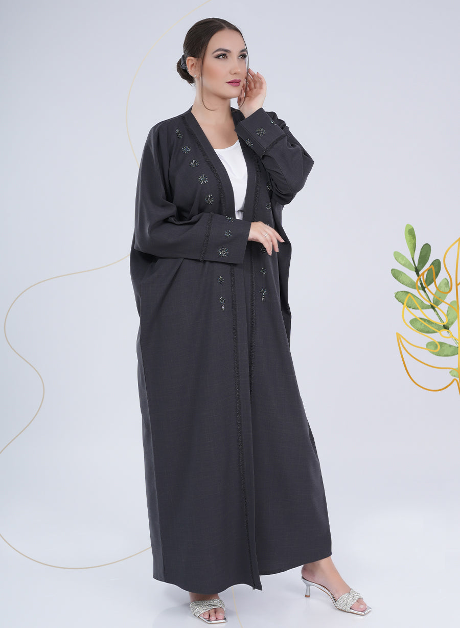 Glamorous Cuff Detail Bead Embellished Bisht Abaya with Intricate Thread Work  | Bsi4126