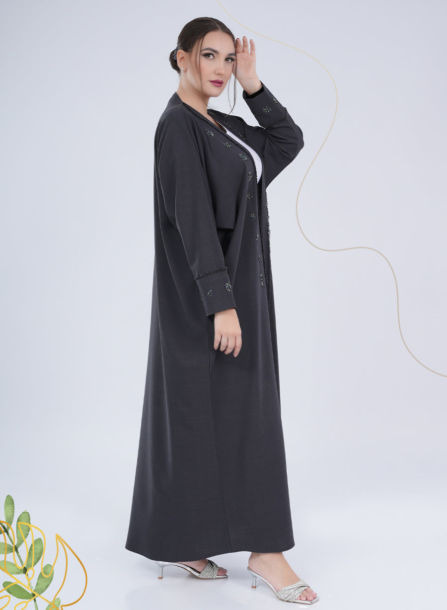 Glamorous Cuff Detail Bead Embellished Bisht Abaya with Intricate Thread Work  | Bsi4126