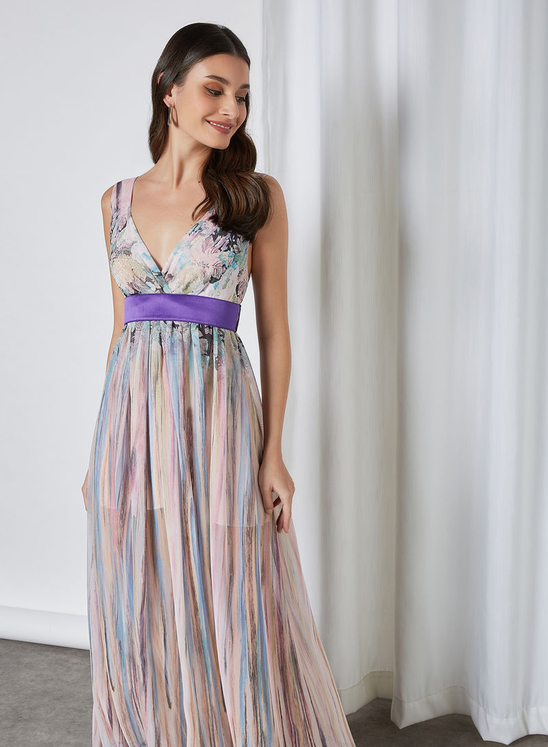 Bsid01-Floral printed maxi dress with surplice neckline and empire-waist cut