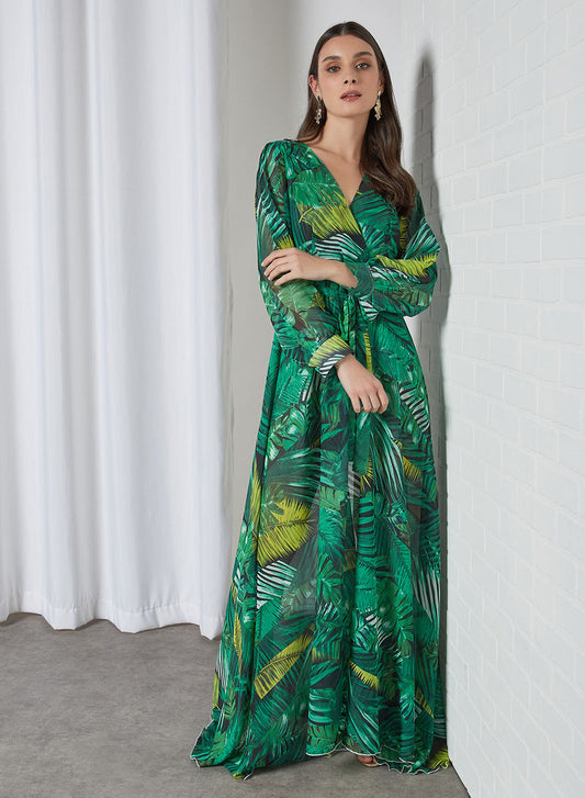 Bsid02-Tropical-inspired maxi dress featuring an overlap neckline with empire waist and tie-on belt
