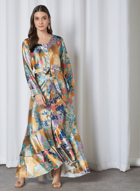 Bsid05-Floral printed maxi dress with flounced hem. Comes with a tie-on belt