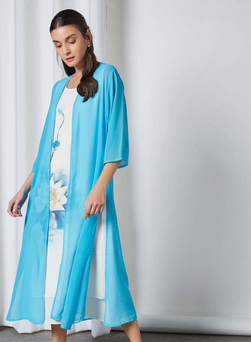 Bsid21-2-piece Blue and white floral printed maxi dress with sheer overcoat