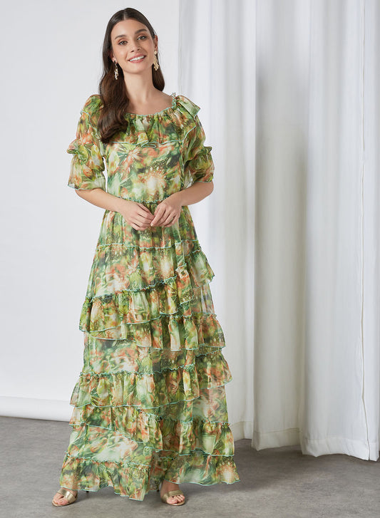 Bsid27-Abstract-printed maxidress featuring an overlap neckline with flutter sleeves and frilled trimmings