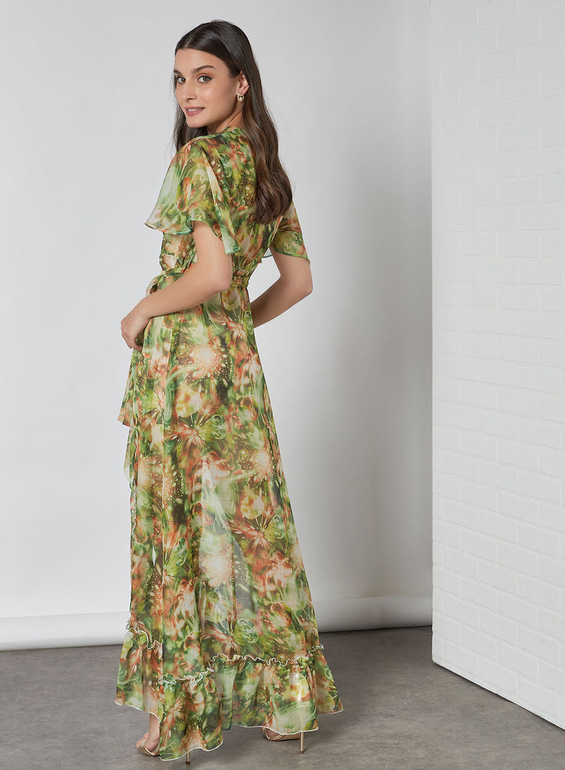 Bsid28-Abstract-printed maxidress featuring an overlap neckline with flutter sleeves and frilled trimmings