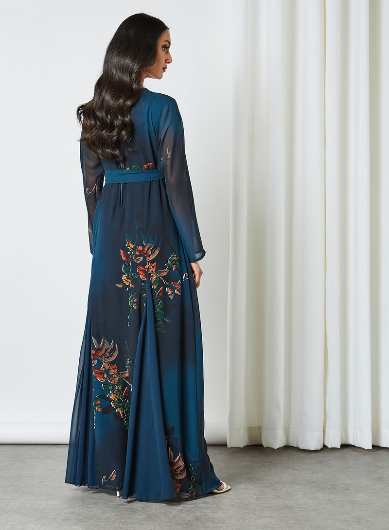 Bsid29-Gradient blue floral-print maxi dress with godet pleats