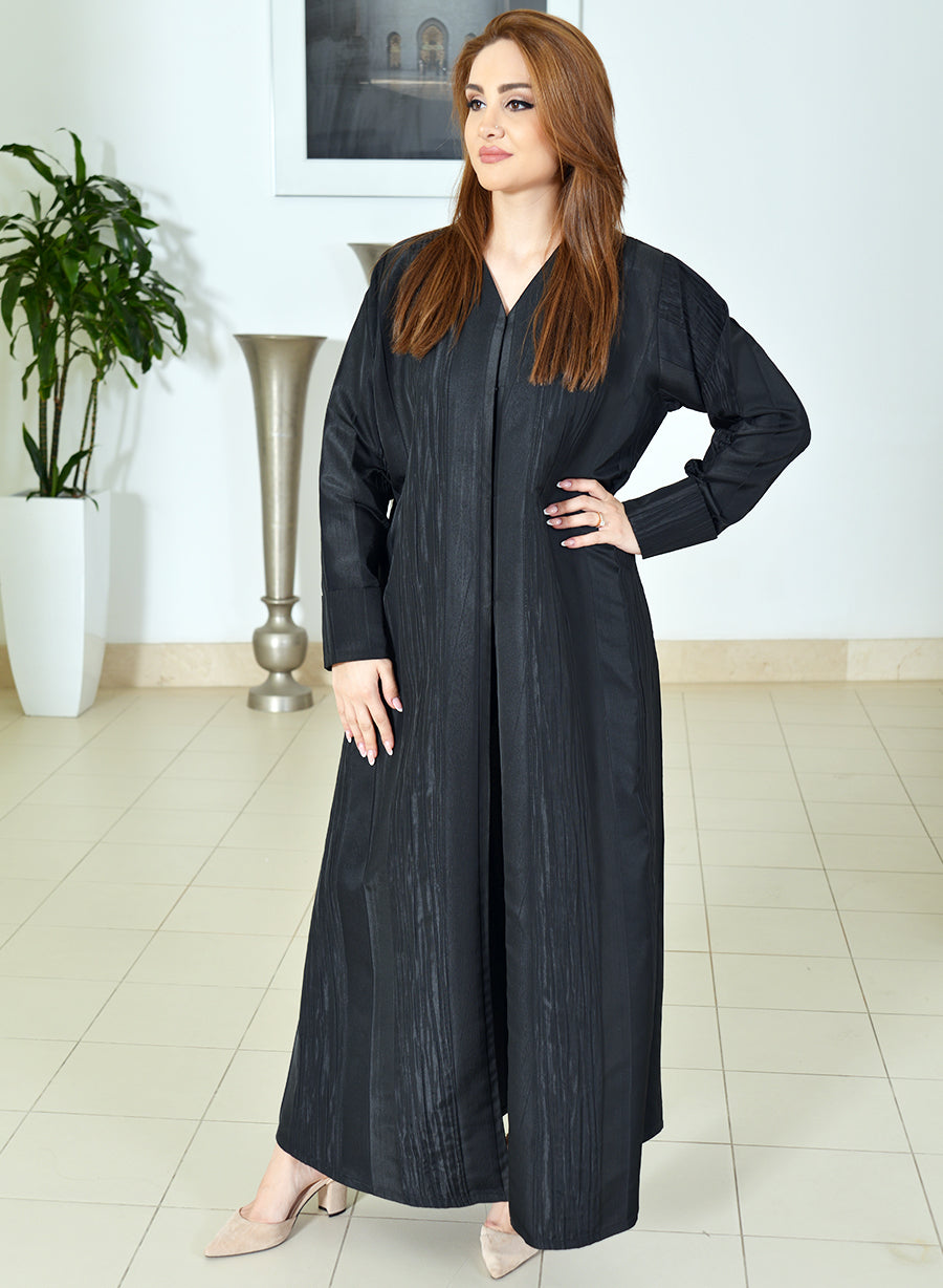 Bsi3757-Jacquard self print plain abaya with folded cuff