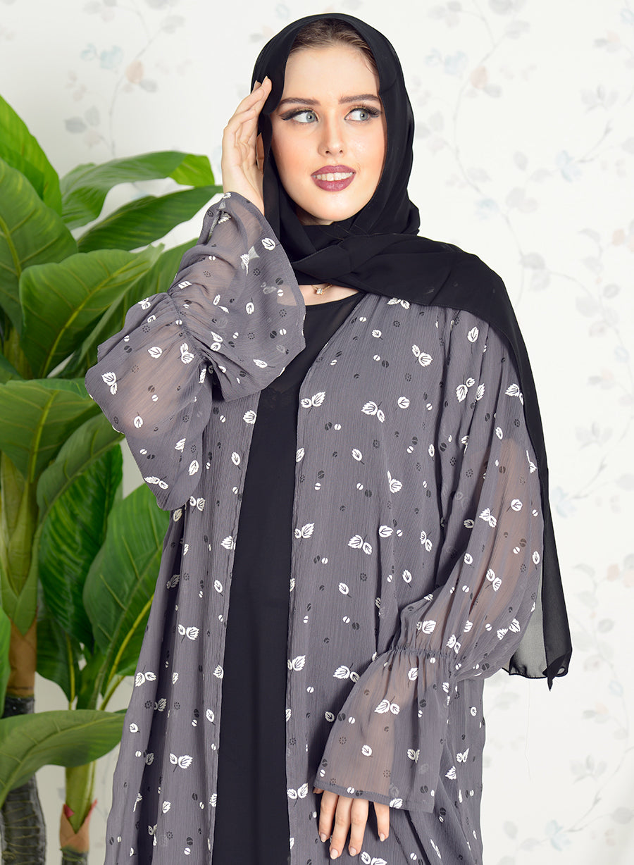 Bsi3764-Self printed chiffon bisht abaya with inner dress