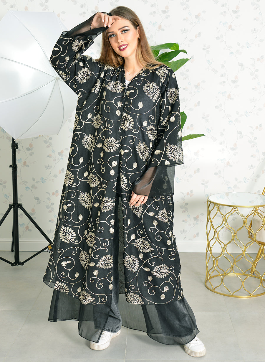 Wide sleeves self embroidered abaya with black trimming | Bsi3770