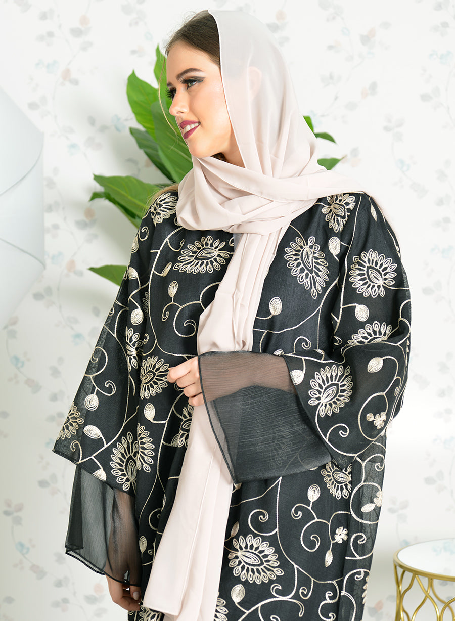 Wide sleeves self embroidered abaya with black trimming | Bsi3770