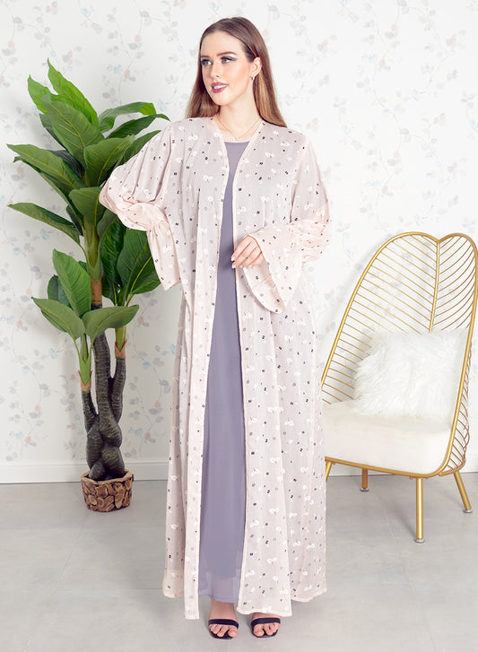 Bsi3780-Self printed chiffon bisht abaya with inner dress
