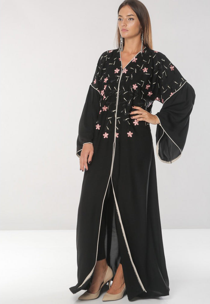 Bsi391- Stylish front open embroidered abaya