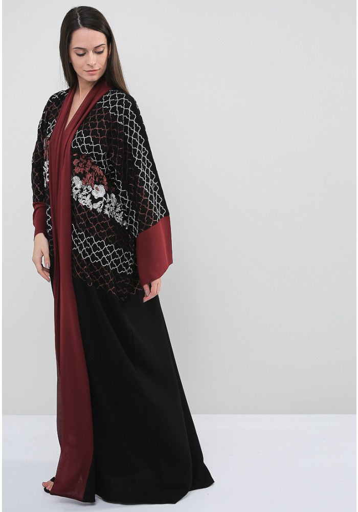 Bsi638- Stylish front open multicolor embroidered abaya with maroon trimmings