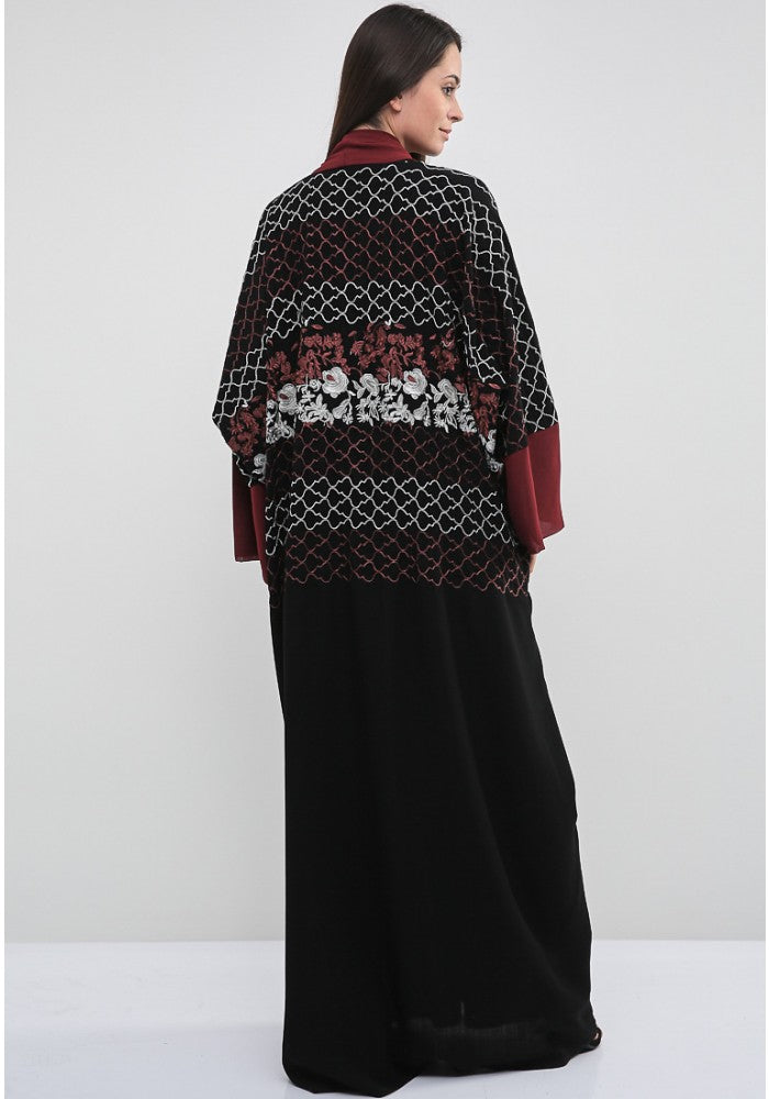 Bsi638- Stylish front open multicolor embroidered abaya with maroon trimmings