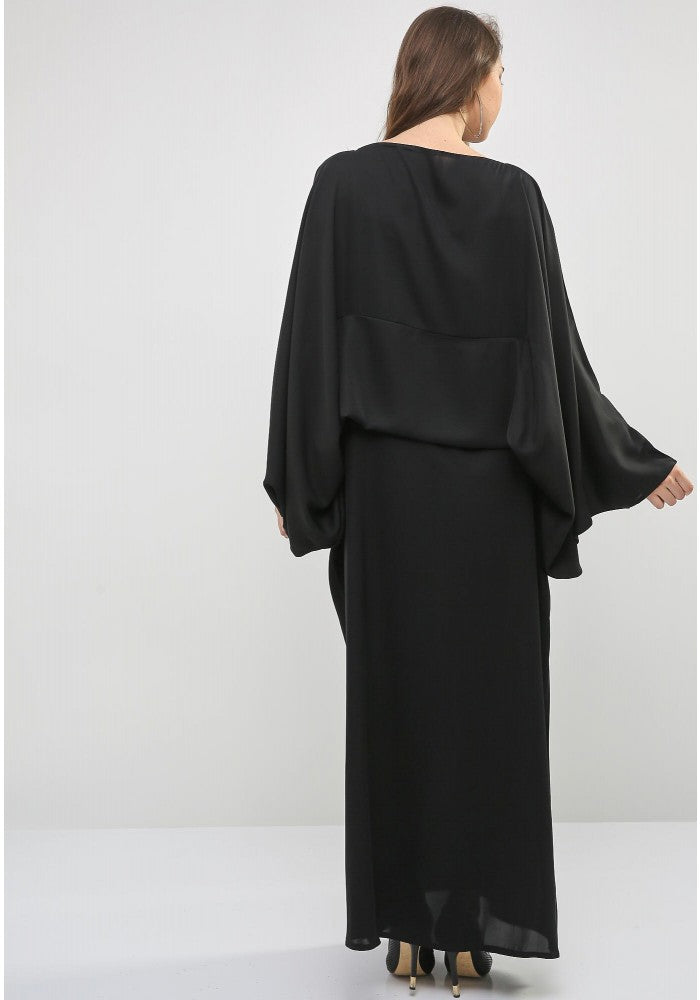 Bsi754- Kaftan style pleated black abaya