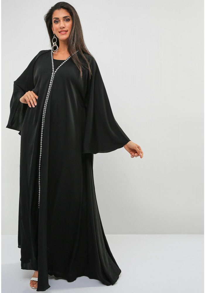 Bsi896- Umbrella style lace embellished front open abaya with angel sleeves