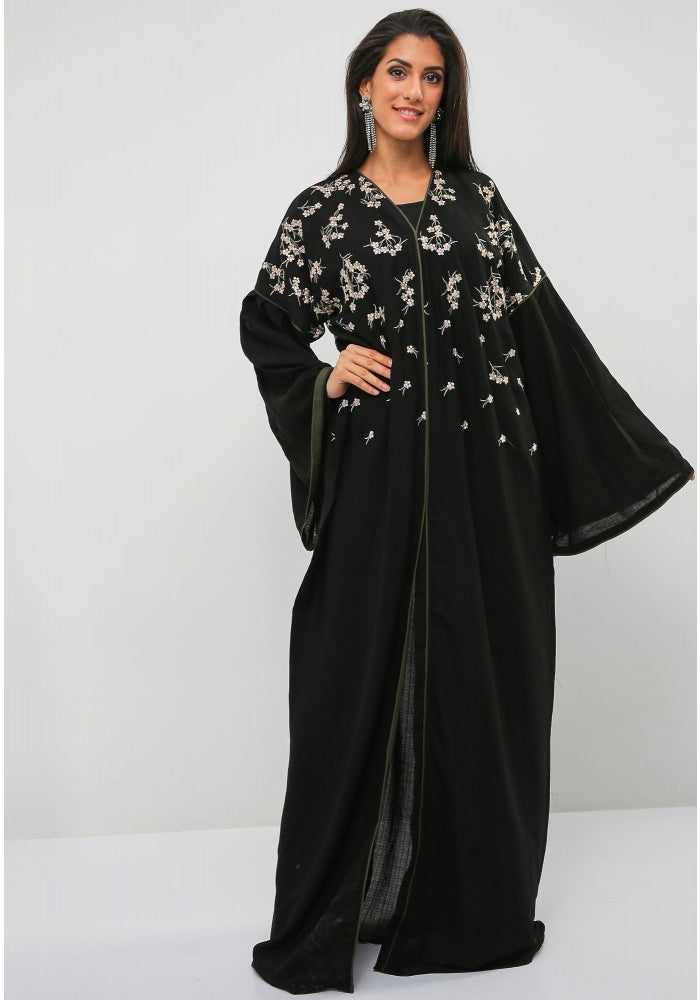 Bsi956- Traditional style embroidered abaya with bell bottom sleeves