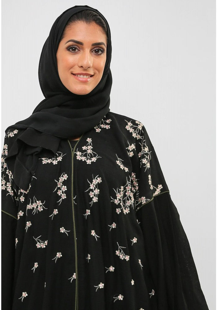 Bsi956- Traditional style embroidered abaya with bell bottom sleeves