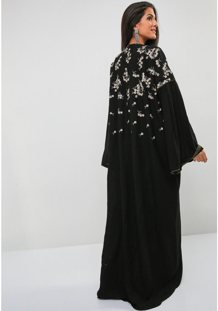 Bsi956- Traditional style embroidered abaya with bell bottom sleeves
